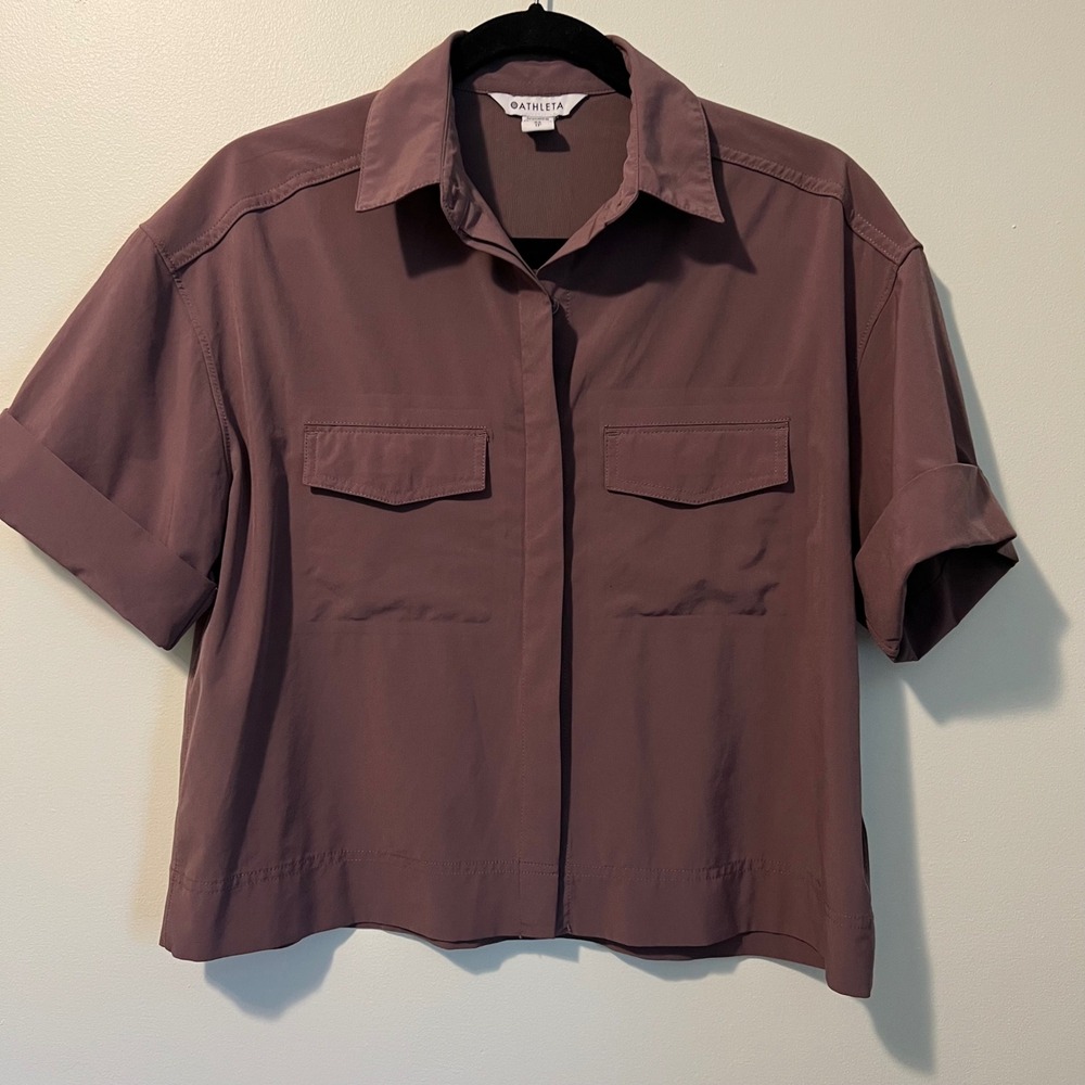 Athleta Womens Mauve Plum Short Sleeve Button Down Utility Shirt XS Pocket Top